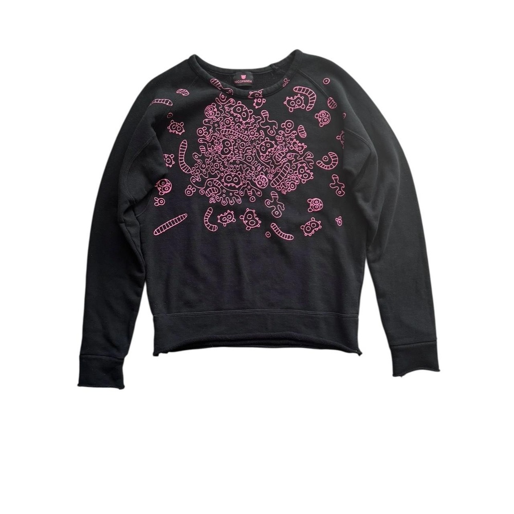 Nicopanda Womens Size L Black Pink Graphic Crewneck Sweatshirt Distressed